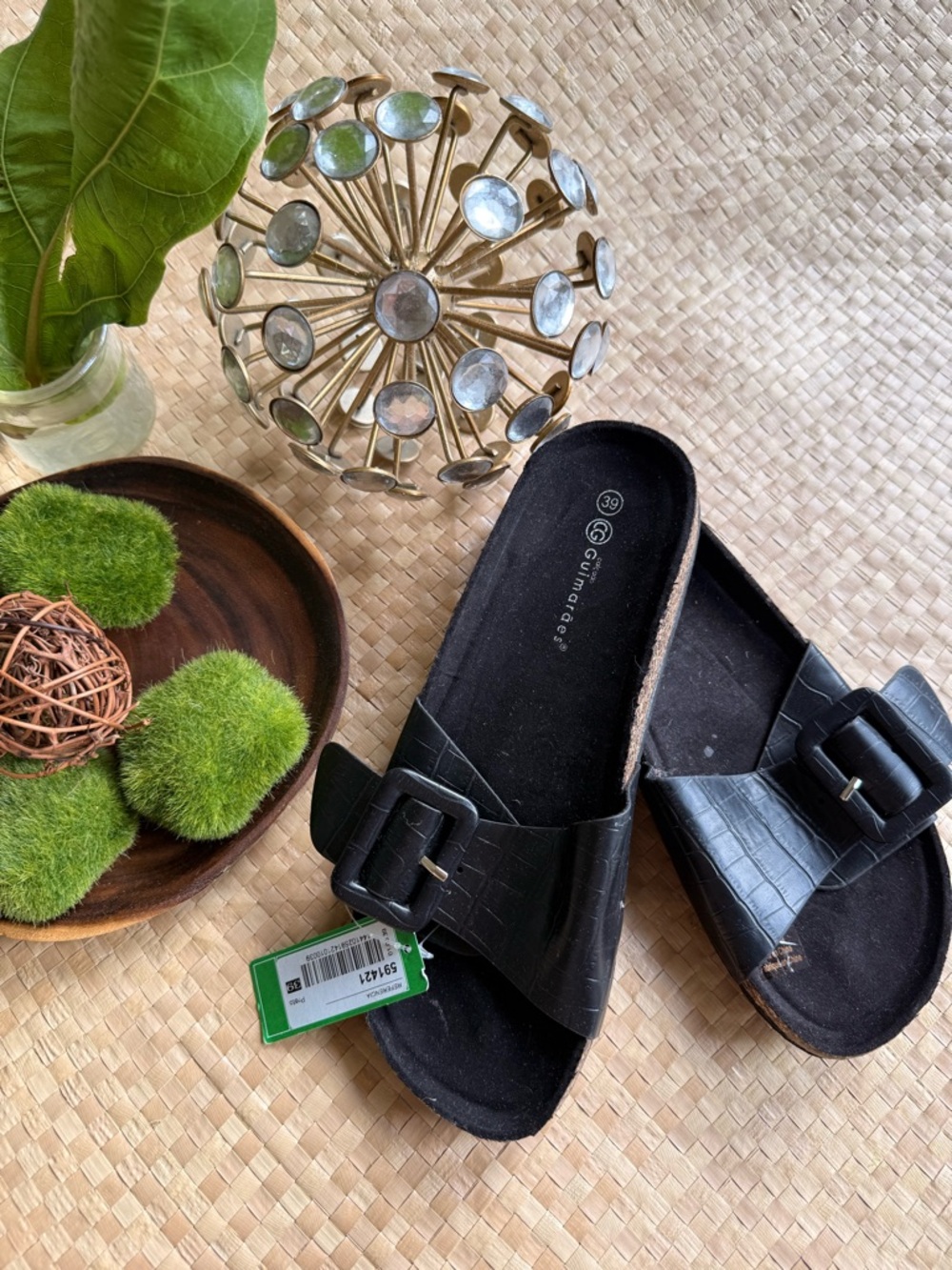 Black Faux Croc Embossed Slide Sandals with Buckle
